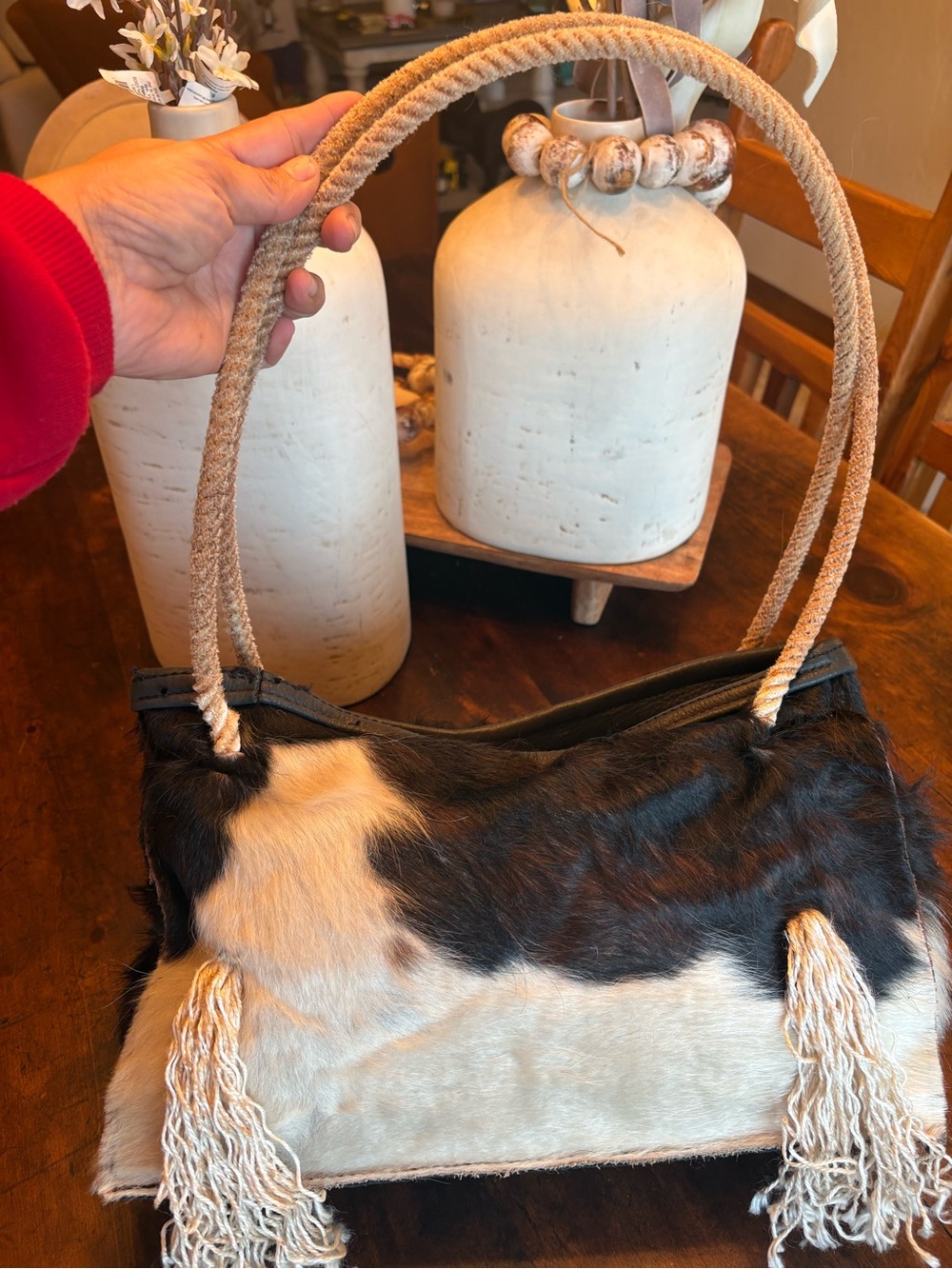 Handmade Cowhide & Leather Fringe Shoulder Bag | Western Boho Purse - Picture 2 of 9